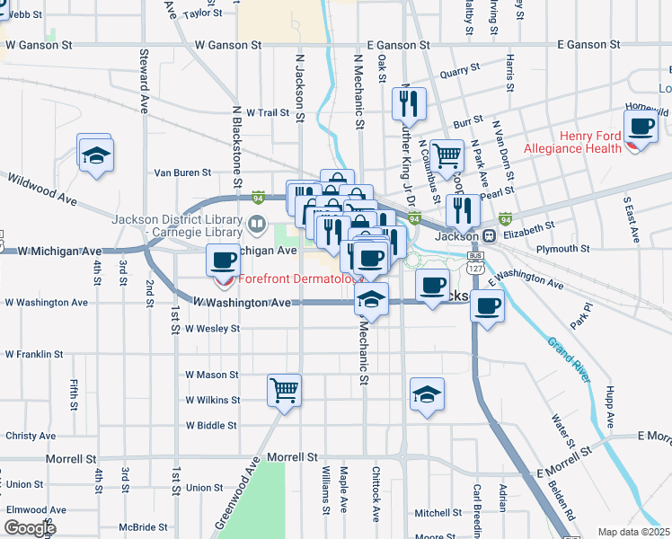 map of restaurants, bars, coffee shops, grocery stores, and more near 120 West Michigan Avenue in Jackson