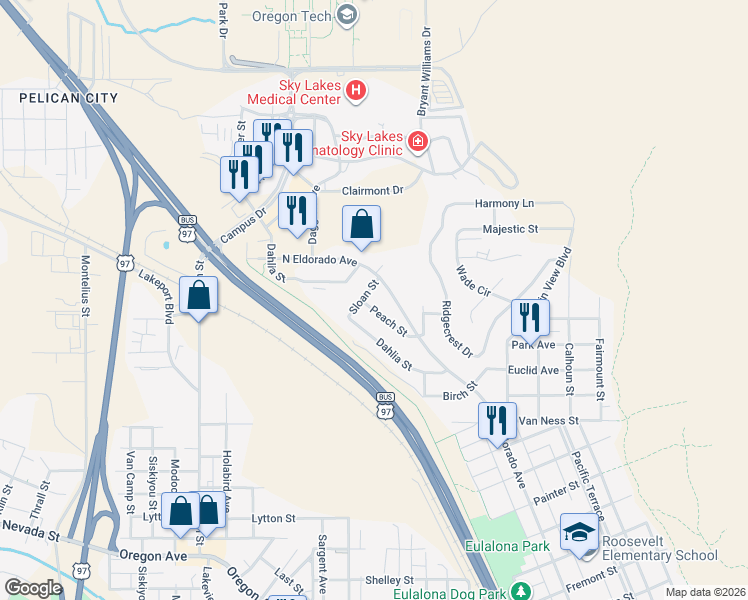 map of restaurants, bars, coffee shops, grocery stores, and more near 2059 North Eldorado Avenue in Klamath Falls