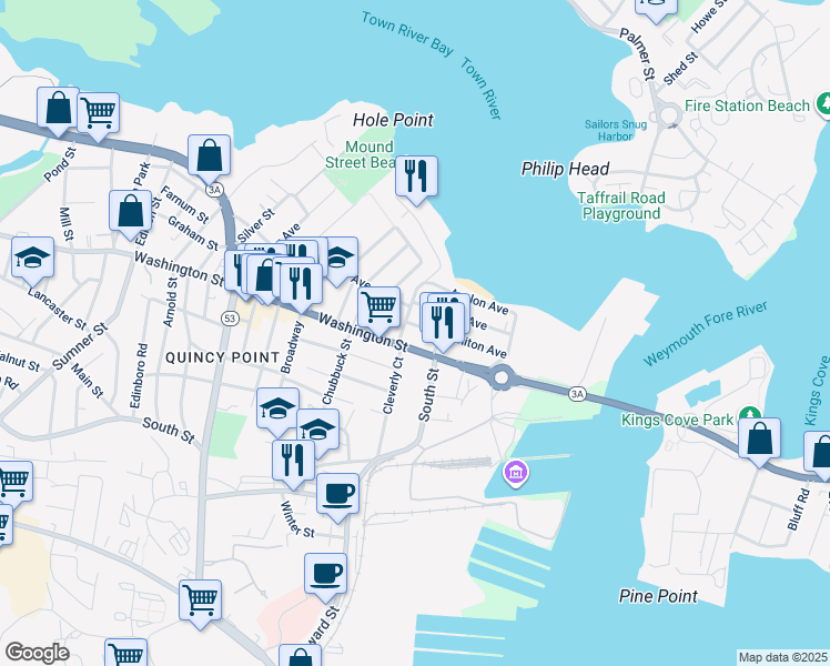 map of restaurants, bars, coffee shops, grocery stores, and more near 7 Lawn Avenue in Quincy