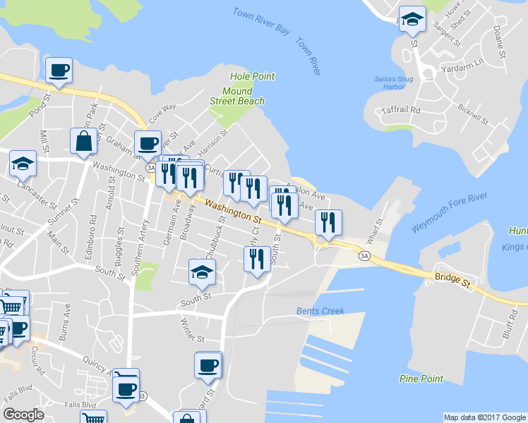 map of restaurants, bars, coffee shops, grocery stores, and more near 7 Lawn Avenue in Quincy