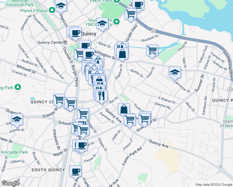 map of restaurants, bars, coffee shops, grocery stores, and more near 49 Miller Stile Road in Quincy