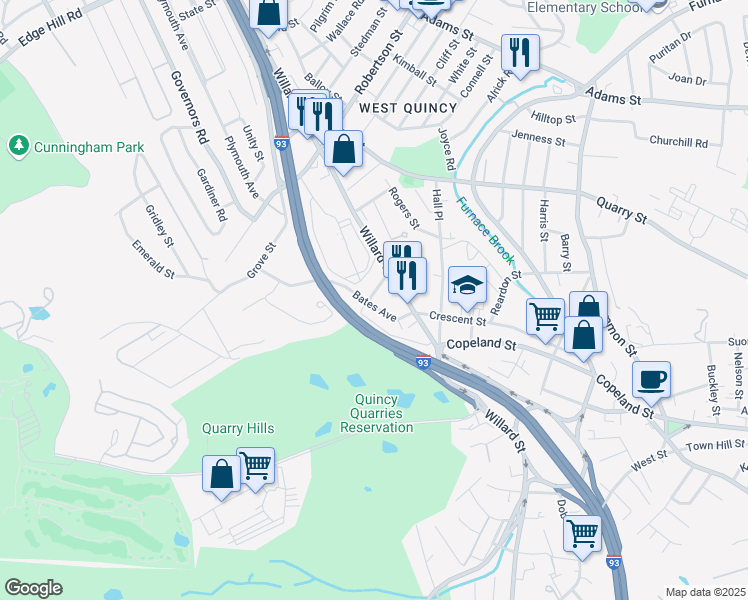 map of restaurants, bars, coffee shops, grocery stores, and more near 223 Willard Street in Quincy