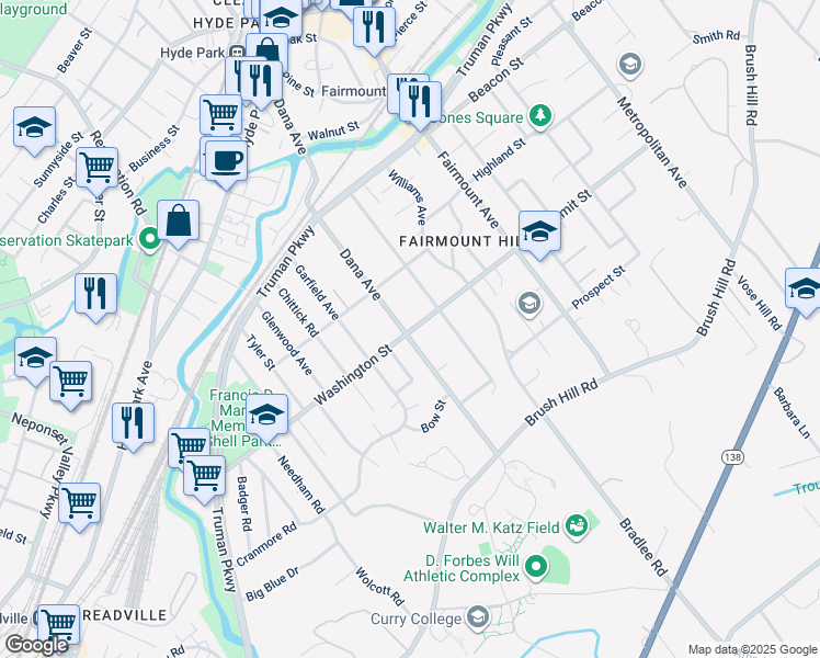 map of restaurants, bars, coffee shops, grocery stores, and more near 164 Dana Avenue in Boston