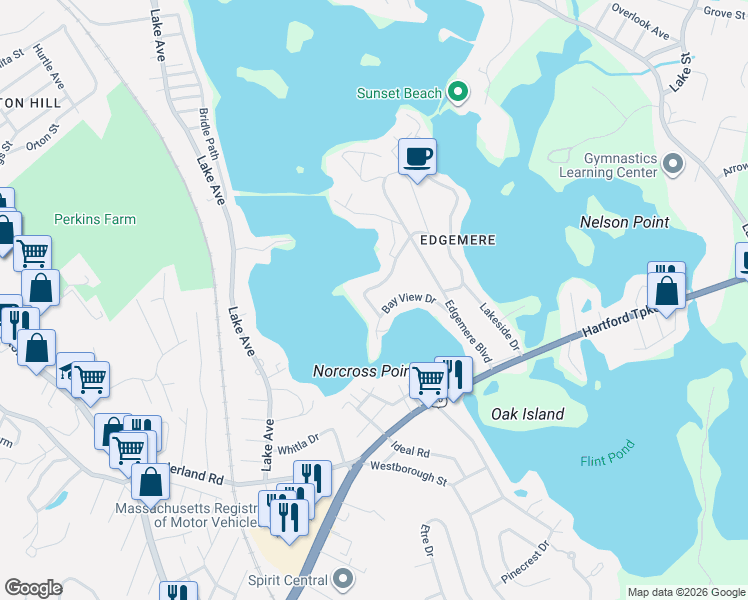 map of restaurants, bars, coffee shops, grocery stores, and more near 65 Bay View Drive in Shrewsbury