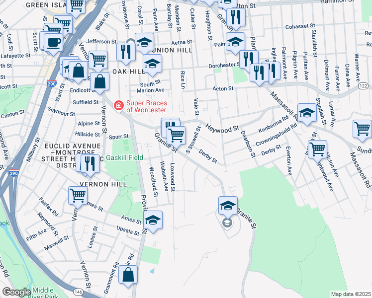 map of restaurants, bars, coffee shops, grocery stores, and more near 13 South Stowell Street in Worcester