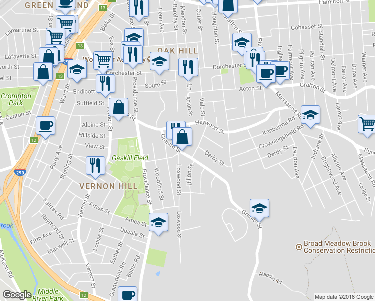 map of restaurants, bars, coffee shops, grocery stores, and more near 16 Jones Street in Worcester
