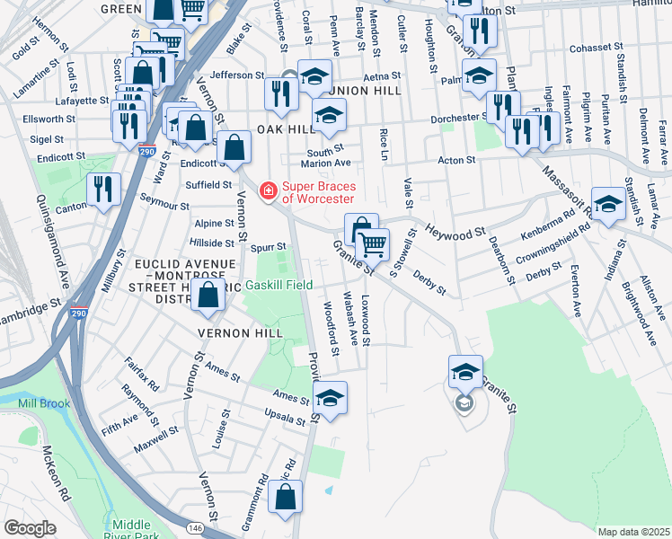map of restaurants, bars, coffee shops, grocery stores, and more near 23 Granite Street in Worcester