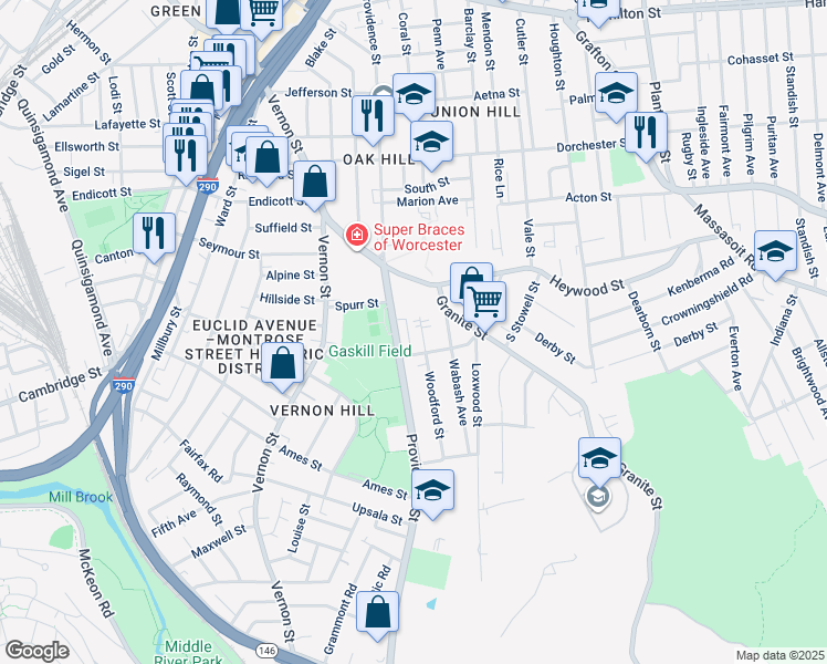 map of restaurants, bars, coffee shops, grocery stores, and more near 25 North Woodford Street in Worcester