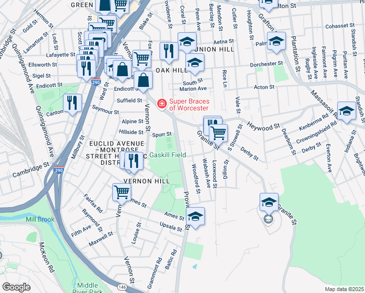 map of restaurants, bars, coffee shops, grocery stores, and more near 25 North Woodford Street in Worcester
