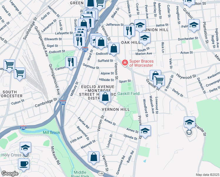 map of restaurants, bars, coffee shops, grocery stores, and more near 8A Hillside Street in Worcester