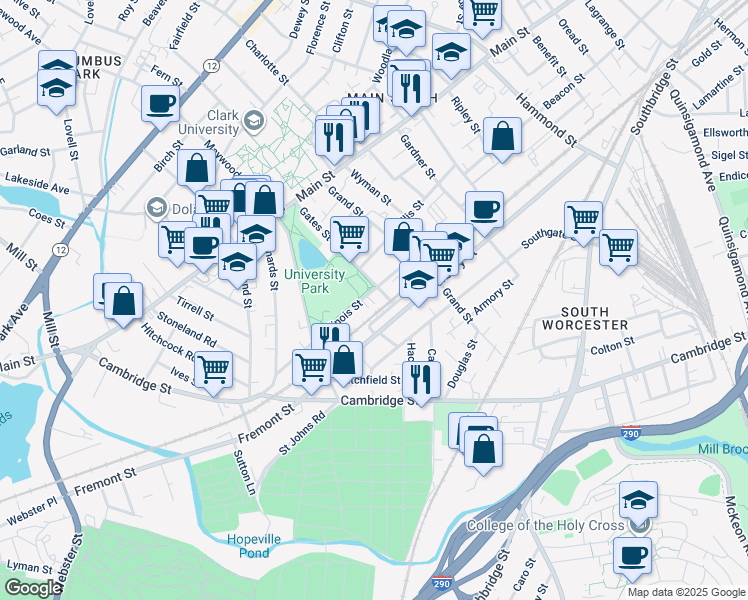 map of restaurants, bars, coffee shops, grocery stores, and more near 51 Illinois Street in Worcester