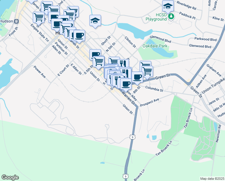 map of restaurants, bars, coffee shops, grocery stores, and more near 624 Warren Street in Hudson