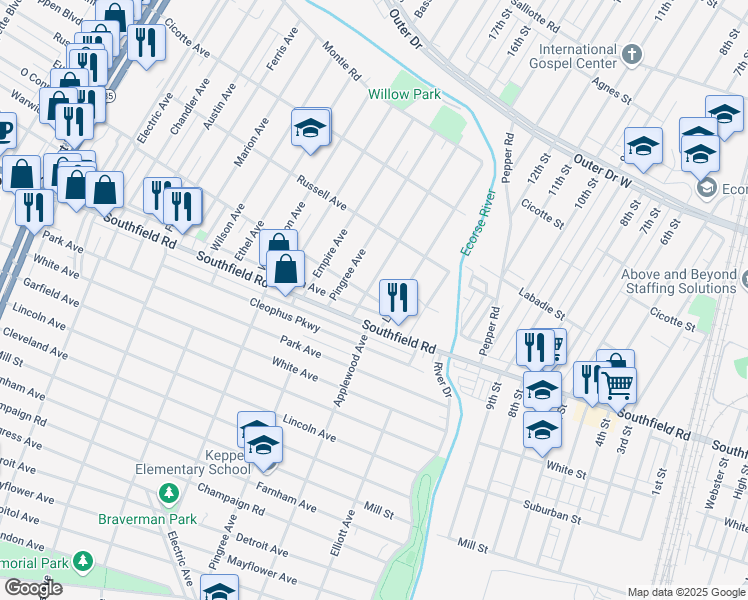 map of restaurants, bars, coffee shops, grocery stores, and more near 1574 Applewood Avenue in Lincoln Park