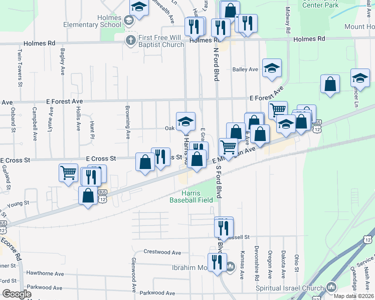 map of restaurants, bars, coffee shops, grocery stores, and more near 515 North Harris Road in Ypsilanti
