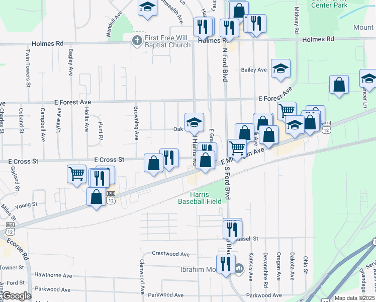 map of restaurants, bars, coffee shops, grocery stores, and more near 515 North Harris Road in Ypsilanti