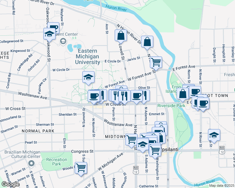 map of restaurants, bars, coffee shops, grocery stores, and more near 511 West Forest Avenue in Ypsilanti