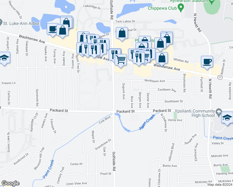 map of restaurants, bars, coffee shops, grocery stores, and more near 4996 Ainsley Avenue in Ann Arbor