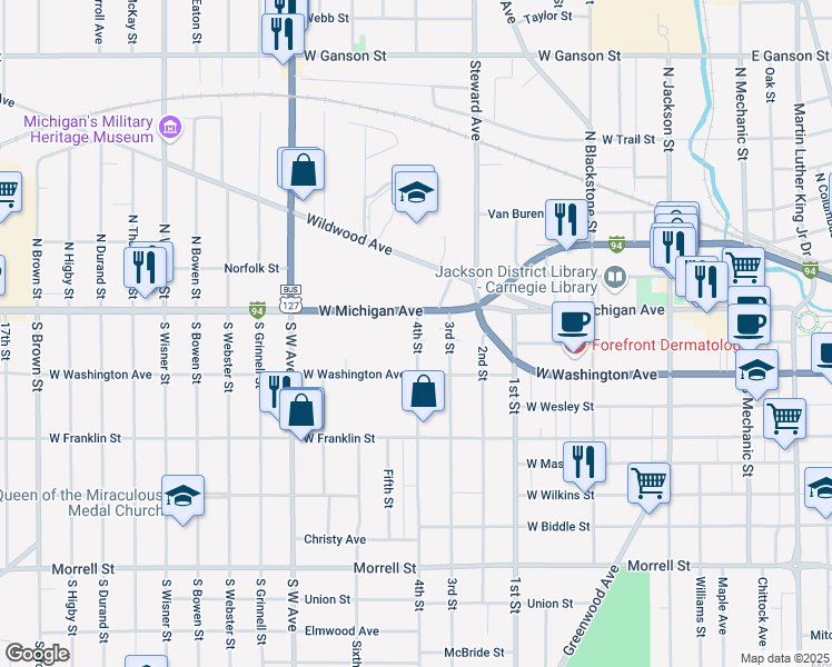 map of restaurants, bars, coffee shops, grocery stores, and more near 610 West Michigan Avenue in Jackson