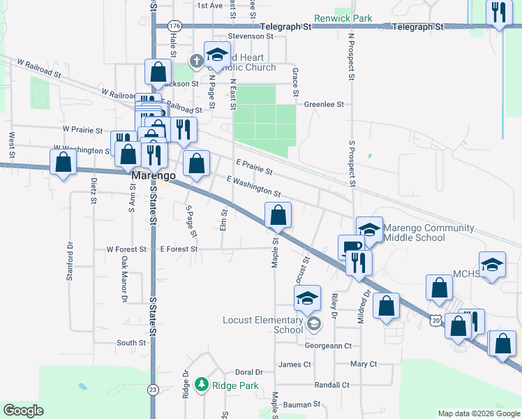 map of restaurants, bars, coffee shops, grocery stores, and more near 603 East Washington Street in Marengo