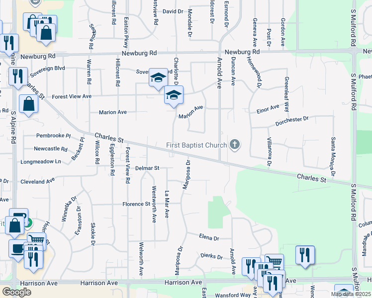 map of restaurants, bars, coffee shops, grocery stores, and more near 5230 Village Court in Rockford