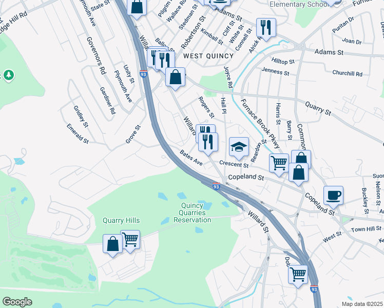 map of restaurants, bars, coffee shops, grocery stores, and more near 101 California Avenue in Quincy