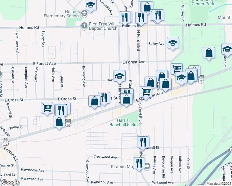 map of restaurants, bars, coffee shops, grocery stores, and more near 515 North Harris Road in Ypsilanti