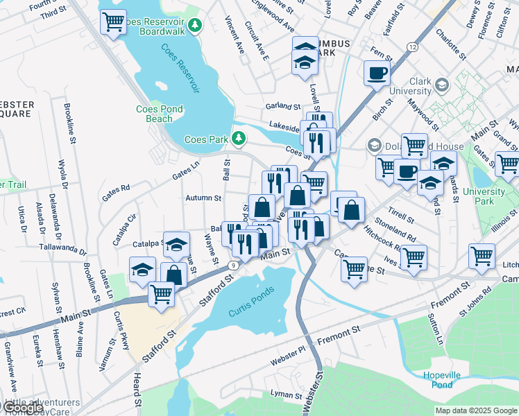 map of restaurants, bars, coffee shops, grocery stores, and more near 72 Lakewood Street in Worcester
