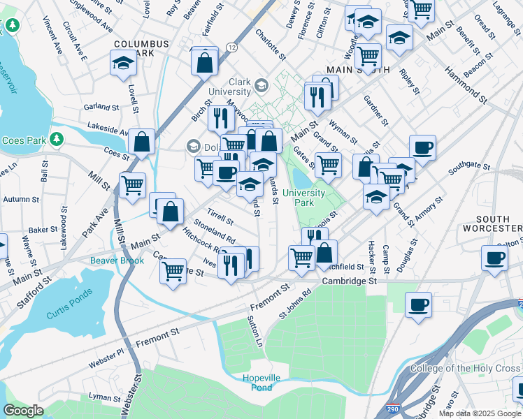map of restaurants, bars, coffee shops, grocery stores, and more near 9 Freeland Street in Worcester