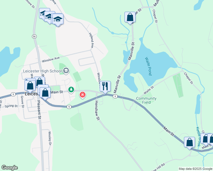 map of restaurants, bars, coffee shops, grocery stores, and more near 14 Winslow Avenue in Leicester