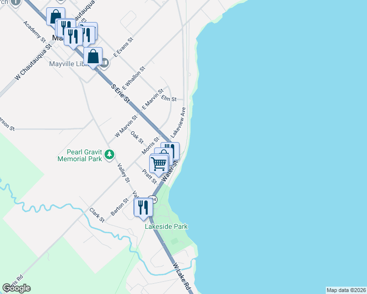map of restaurants, bars, coffee shops, grocery stores, and more near 1 Lakeview Avenue in Mayville