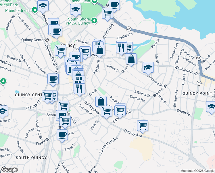 map of restaurants, bars, coffee shops, grocery stores, and more near 11 Taft Street in Quincy