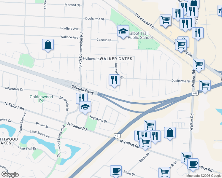 map of restaurants, bars, coffee shops, grocery stores, and more near 4295 Canberra Avenue in Windsor