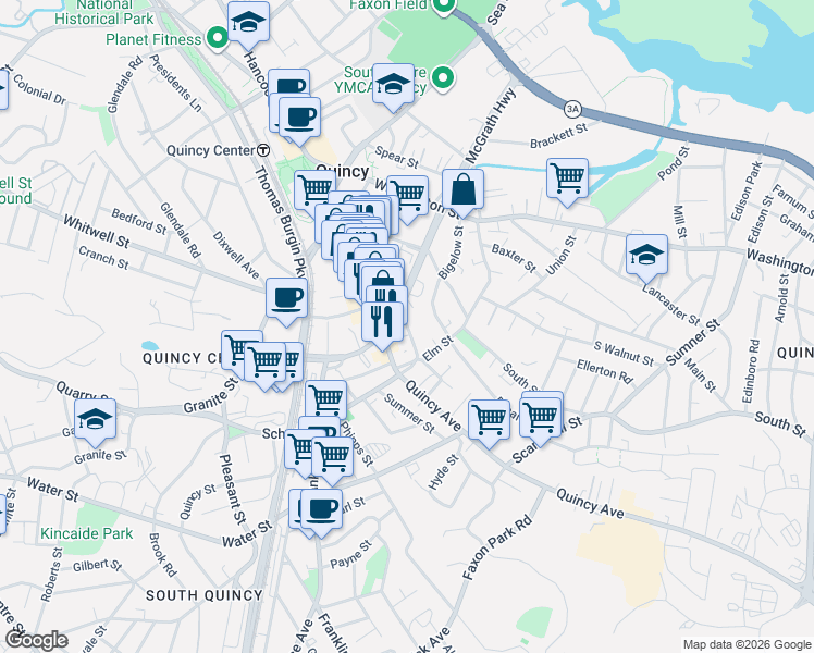 map of restaurants, bars, coffee shops, grocery stores, and more near Mechanic Street in Quincy