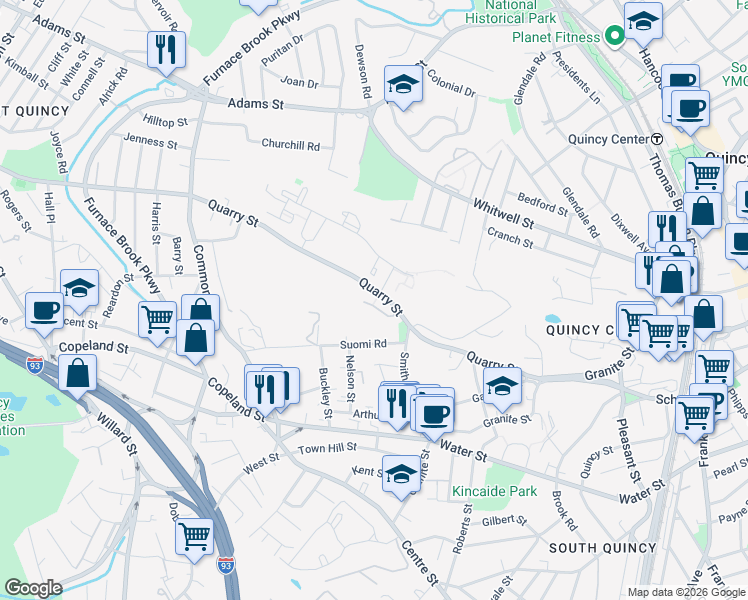 map of restaurants, bars, coffee shops, grocery stores, and more near 144 Quarry Street in Quincy