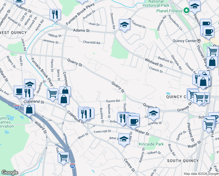 map of restaurants, bars, coffee shops, grocery stores, and more near 144-194 Quarry Street in Quincy