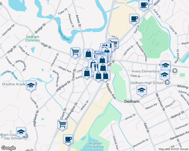 map of restaurants, bars, coffee shops, grocery stores, and more near 577 High Street in Dedham