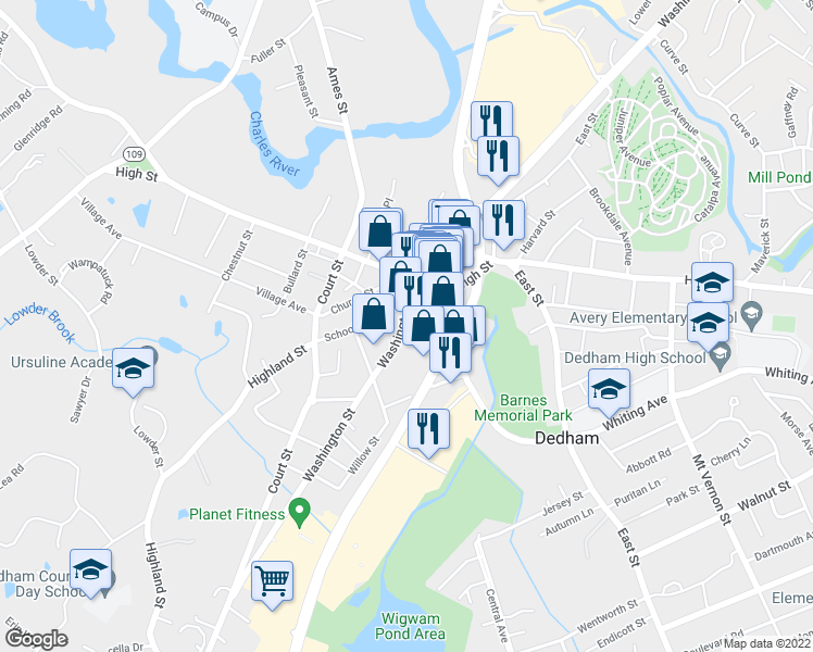 map of restaurants, bars, coffee shops, grocery stores, and more near 412 Washington Street in Dedham