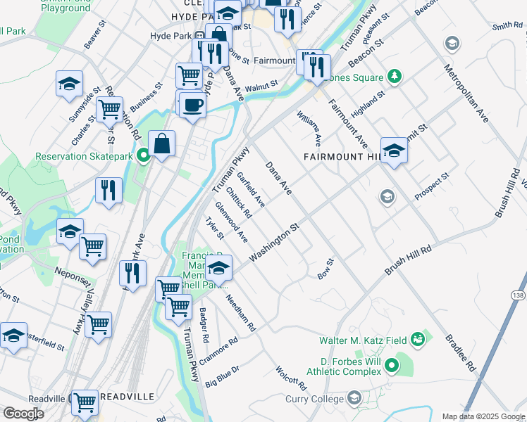 map of restaurants, bars, coffee shops, grocery stores, and more near 47 Loring Street in Boston