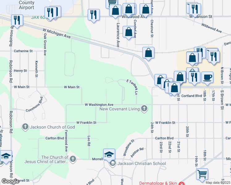 map of restaurants, bars, coffee shops, grocery stores, and more near 1518-1998 W Tanbark Ln in Jackson