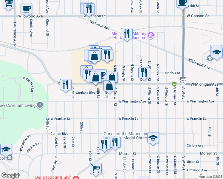 map of restaurants, bars, coffee shops, grocery stores, and more near 1700 West Michigan Avenue in Jackson