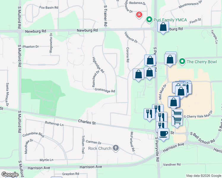 map of restaurants, bars, coffee shops, grocery stores, and more near 1893 South Trainer Road in Rockford