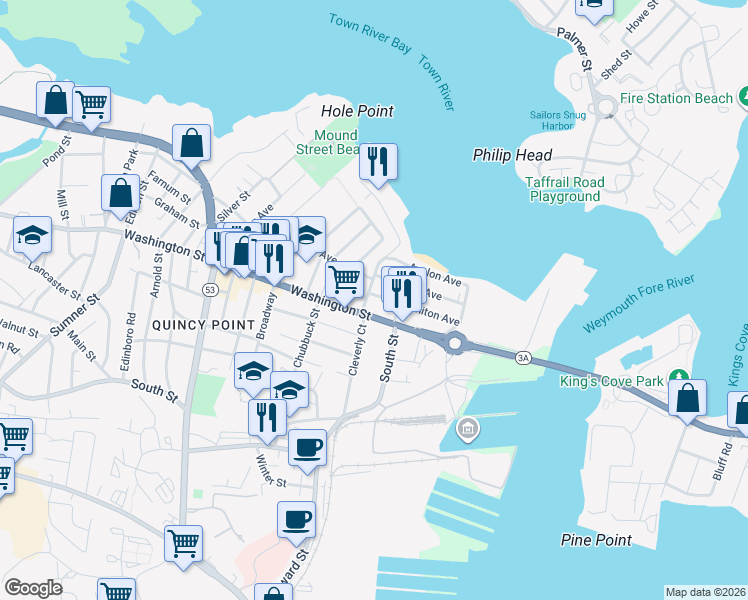 map of restaurants, bars, coffee shops, grocery stores, and more near 5 Whiton Avenue in Quincy