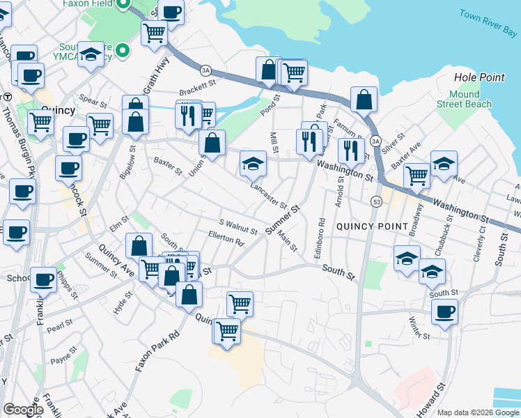 map of restaurants, bars, coffee shops, grocery stores, and more near 49 Lancaster Street in Quincy