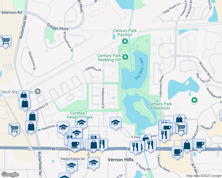 map of restaurants, bars, coffee shops, grocery stores, and more near 7 Timber Lane in Vernon Hills