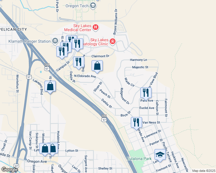 map of restaurants, bars, coffee shops, grocery stores, and more near 2059 North Eldorado Avenue in Klamath Falls