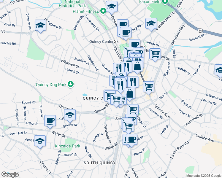 map of restaurants, bars, coffee shops, grocery stores, and more near 77 Granite Street in Quincy
