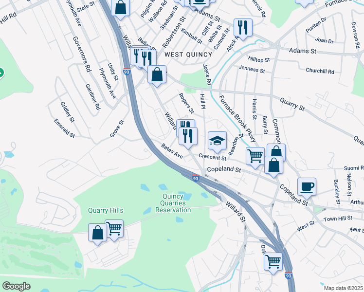 map of restaurants, bars, coffee shops, grocery stores, and more near 223 Willard Street in Quincy