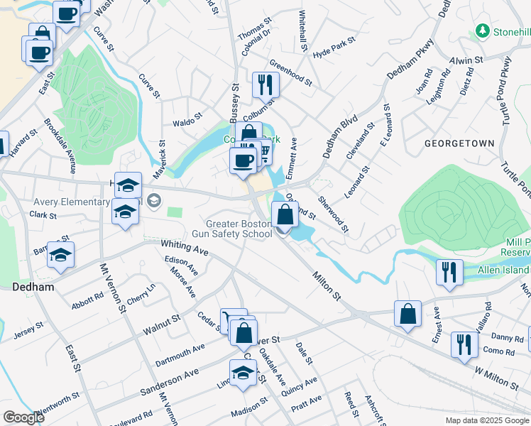 map of restaurants, bars, coffee shops, grocery stores, and more near in Dedham