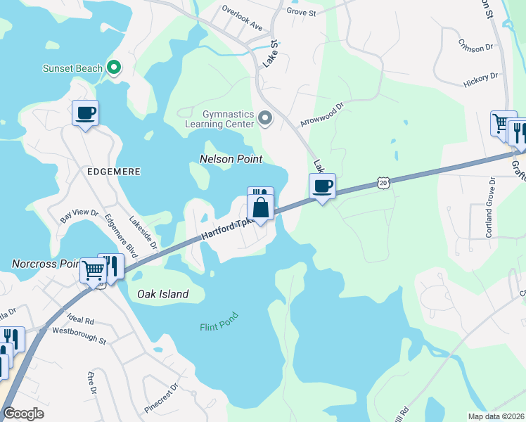 map of restaurants, bars, coffee shops, grocery stores, and more near 10 Olive Avenue in Shrewsbury