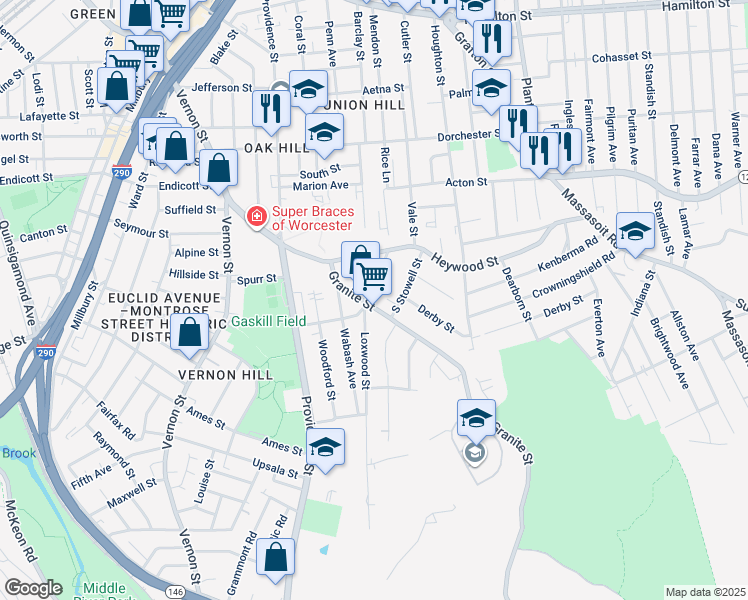 map of restaurants, bars, coffee shops, grocery stores, and more near 16 Jones Street in Worcester